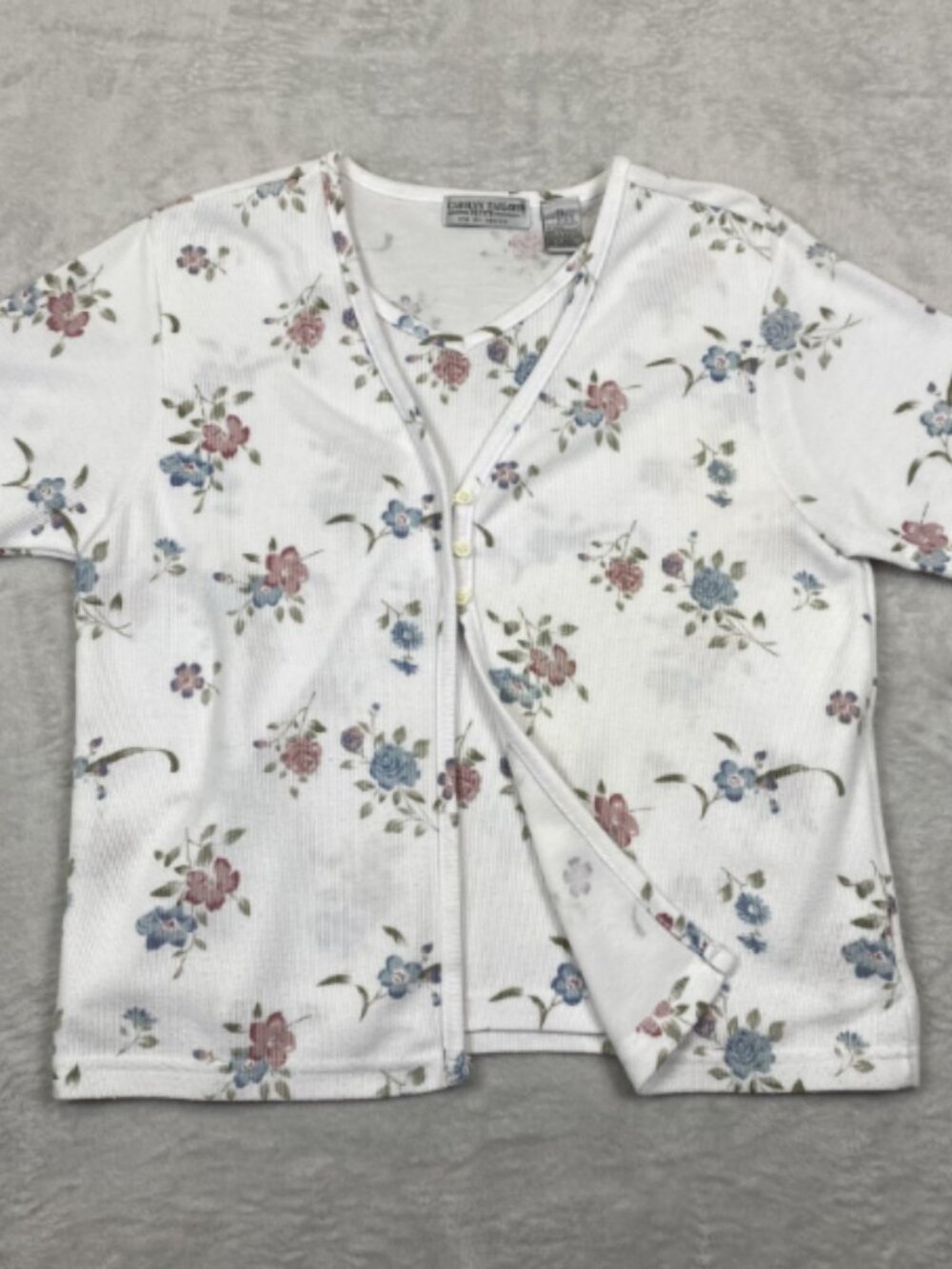 Carolyn Taylor Withe with Pink Floral Button Front Short Sleeve Top Size PL